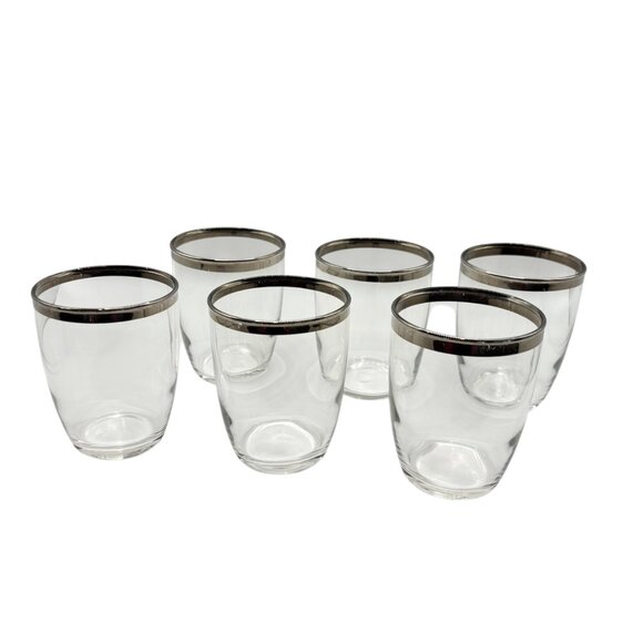 MCM Set 6 Vintage Clear Glass Tumblers With Silver Rim - Picture 1 of 5